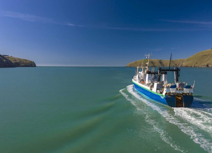 Independent’s Mainstream heading out of Lyttleton Harbour to catch Southern Blue Whiting. Image Jared Waddams - Helicam Pro