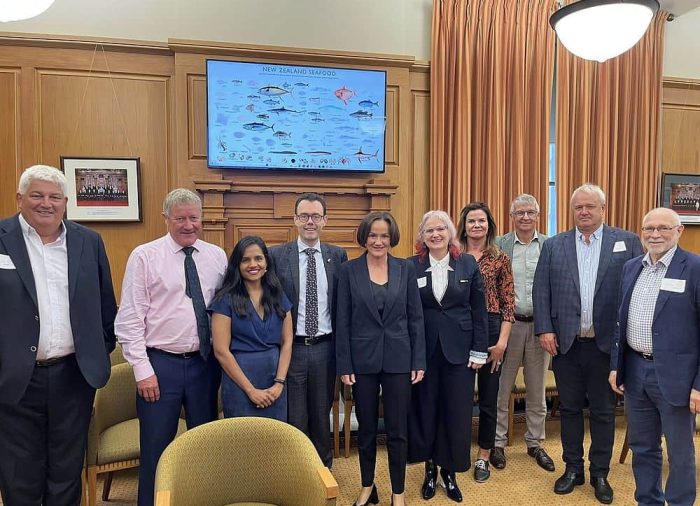 From left to right: Doug Saunders-Loder (Federation President); Grant McCallum (MP for Northland); Nirupa George (Seafood NZ Director Communications and Engagement); Carl Bates (MP for Whanganui); Suze Redmayne (MP for Rangitīkei); Lisa Futschek (Seafood NZ Chief Executive); Annabel Scaife (Seafood NZ Board Member); Greg Gent (Seafood NZ Board Chair); Tony Hazlett (Talley's Chief Executive); Laws Lawson (Inshore Council Chair).